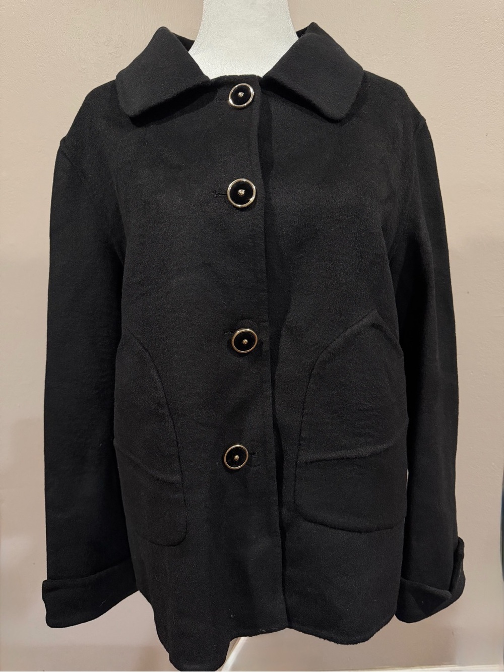 NWT 100% Wool Black Women's Button-Front Wool Coat